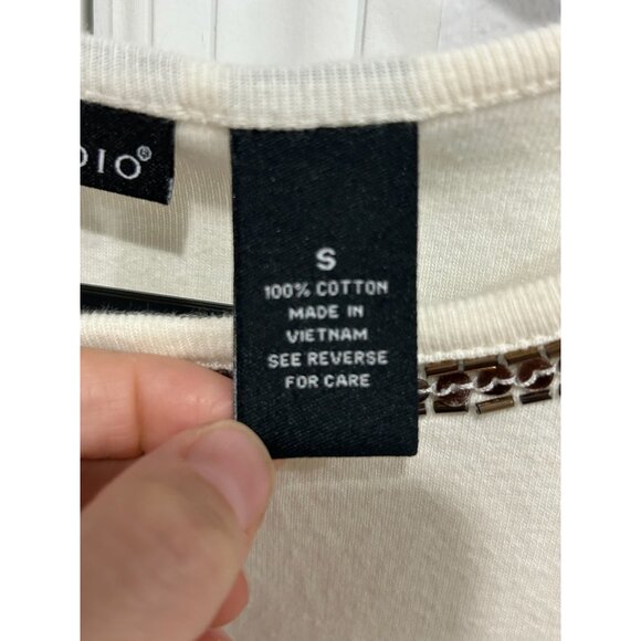 Bay Studio Womens Beaded Embellished Top Small Ivory 3/4 Sleeve 100% Cotton - Picture 6 of 10